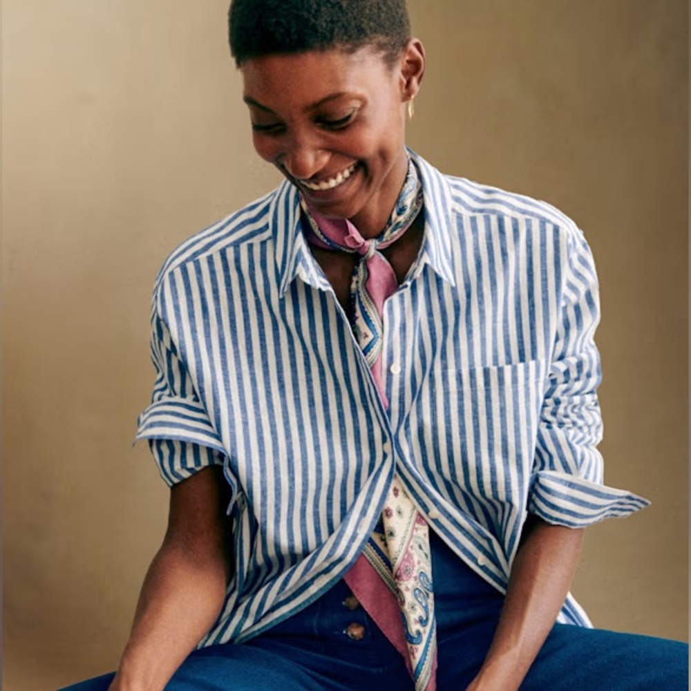 Sezane Tomboy Shirt, Striped Blue, size 34